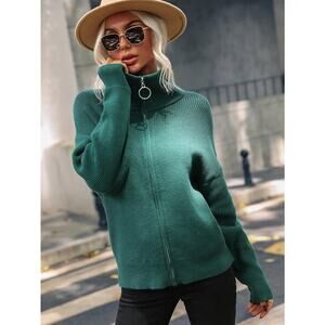 Graceful Rib-Knit Zip Up Collared Cardigan